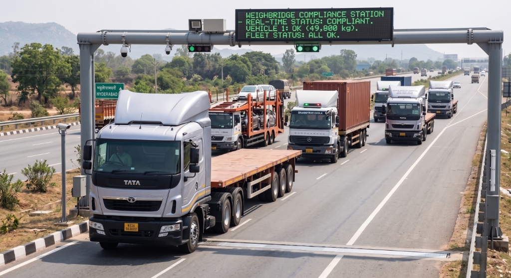 LOAD BEARER Tata Long-Haul Interstate Carrier Fleet passing real-time weighbridge compliance station on Hyderabad highway
