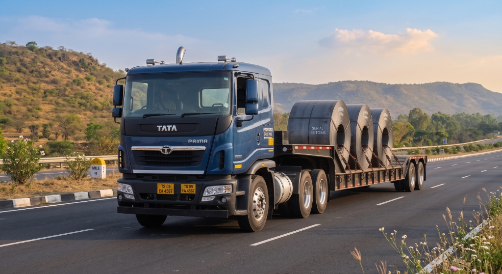 LOAD BEARER Tata Prima Specialized Steel Coil Carrier Trailer with Concave Well Transporting Heavy Steel Coils