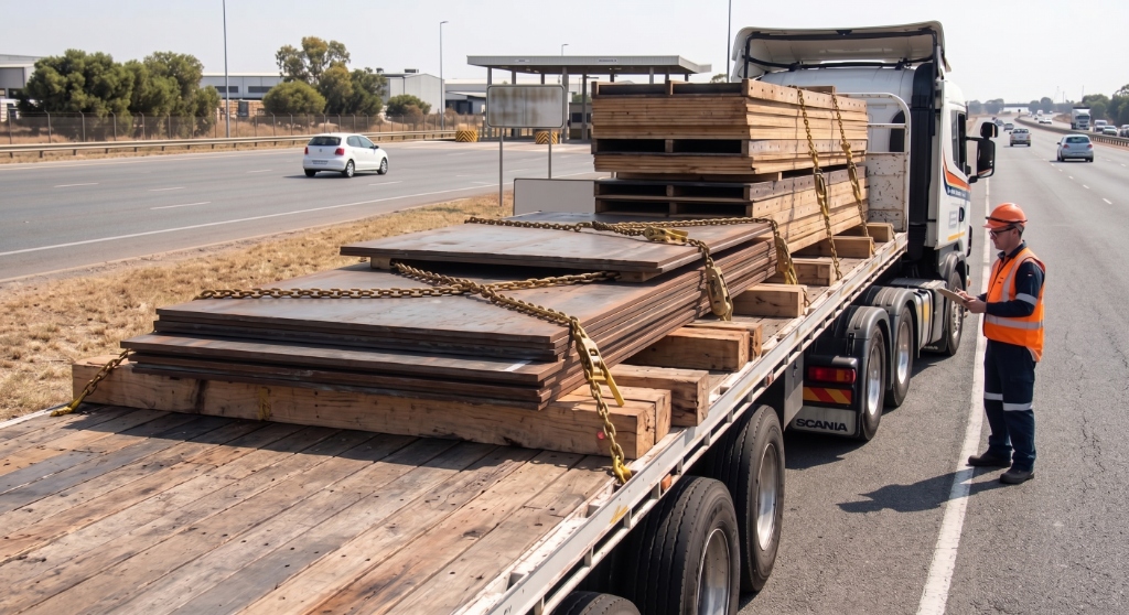 LOAD BEARER Flatbed Trailer Transporting Steel Plates & Shuttering Material on Timber Bedding with Chain Lashings
