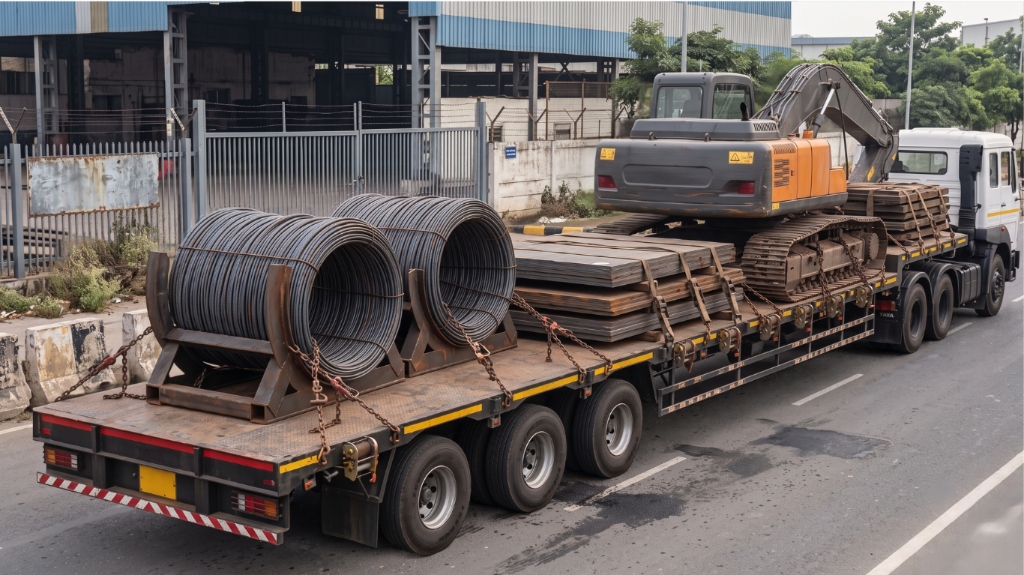 LOAD BEARER Tata Multi-Axle Heavy Steel Dispatch Trailer with Coil Cradles, Rebar Coils, Steel Plates, and Machinery